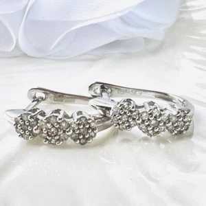 Solid 10k White Gold Diamond Rosette French-Style Leverback Hoop Earrings, New - Picture 1 of 13