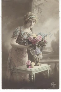 RPPC Hand Colored Sazerac Croissant Girl Arranging Flowers #182 Postcard 1913 - Picture 1 of 2
