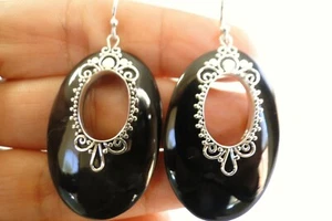 Black Sea Shell Seashell Ornate Oval 925 Sterling Silver Dangle Earrings - Picture 1 of 4