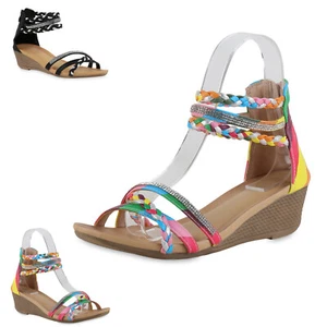 Damen Strass Sandaletten Keilsandaletten Sommer Metallic 902247 Schuhe  - Bild 1 von 7