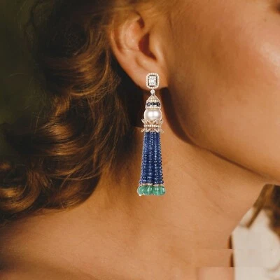 Tassel Drops Pearl Emeralds & Sapphire Bead Lab-Created Diamonds Women's Earring - Image 1 of 4