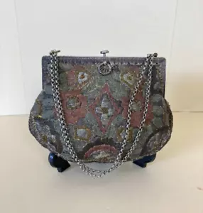 Antiguo bolso de mano bordado vintage de los años 20 marrón verde cadena asa superior - Imagen 1 de 8