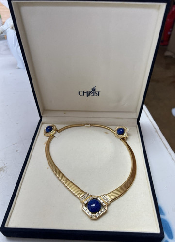 Collana Christian Dior vintage anni 80 lapislazzuli lamina cristalli cabochon a costine Omega