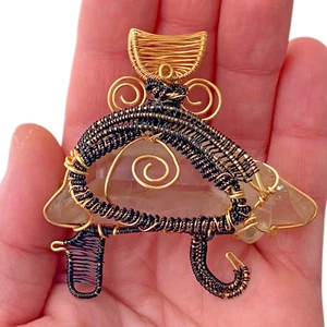 Gold Black Ancient Egyptian Eye of Horus Quartz Crystal Large Wire Wrap Pendant - Picture 1 of 10