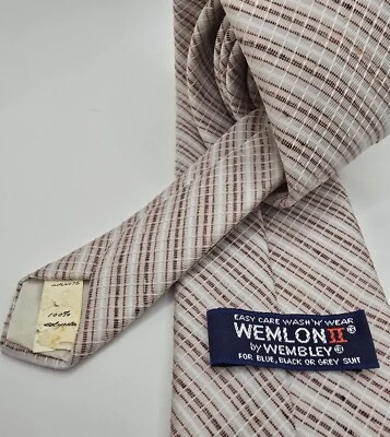 Wemlon By Wembley Necktie Light Pink Brown Stripes Vintage Polyester GUC 55"x3" - Image 1 of 3