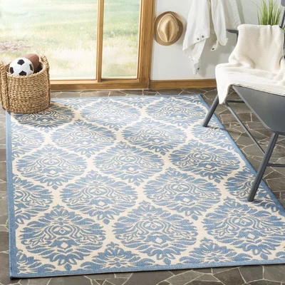 Alfombra Linden Collection 4' x 6' azul crema damasco Ogee interior exterior sin derramamiento Foto 1 de 4