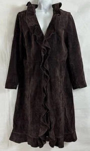 Vintage ARIA Sz L Brown Suede Ruffle Full Length Womens Coat Penny Lane Boho 70s - Picture 1 of 20