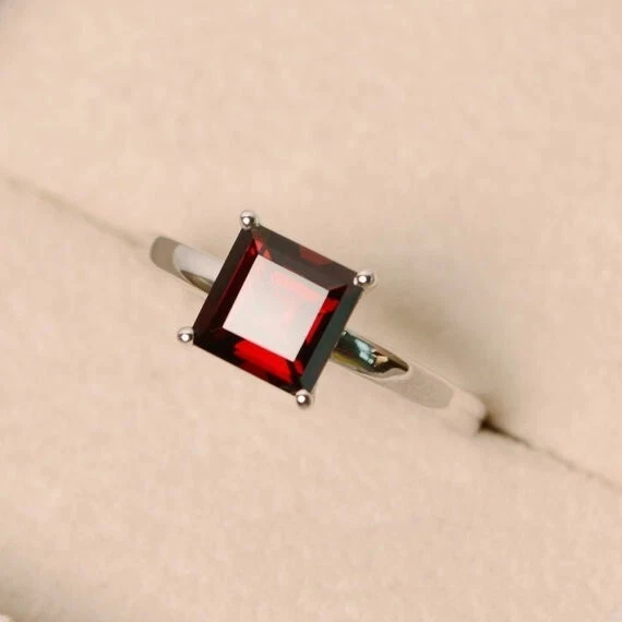 1.60 Ct Princess Cut Natura Garnet Diamond Ring 14K Solid White Gold Size All - Image 1 of 4