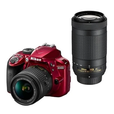 Nikon D3400 DSLR Camera Kit 24.2MP Doubles Zoom Red 1 Year Warranty Used - Image 1 of 2