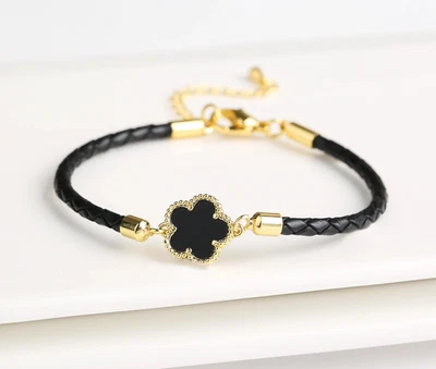 1 pc Genuine Leather Woven Bracelet Five Leaf Flower Charm Jewelry Gift - Image 1 of 4