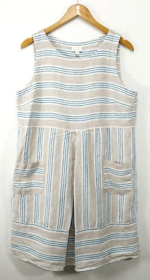 J Jill Dress Large 100% Linen Blue Brown White Pocket Shift Short Sleeve Striped - Image 1 of 4