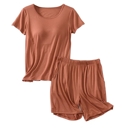 Women's Modal Pajamas Set Short Sleeve Tops Built in Bra Shorts Sleepwear Pjs US - Image 1 of 4