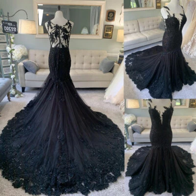 Black Gothic Mermaid Wedding Dresses Sequins Lace AppliqueSleeveless Bridal Gown - Image 1 of 4