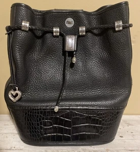 Brighton Black Leather Drawstring Bucket Shoulder Purse w/ Charm - Picture 1 of 8