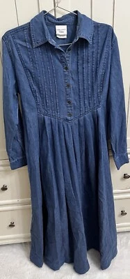 Maxi Vestido Laura Ashley Vintage Mujer Pequeño Denim Plisado, Azul Talla US 4 Cinturón Foto 1 de 4