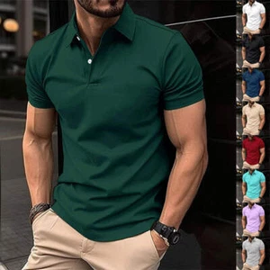 Summer Polo Shirt Men Solid Color Short Sleeve Button Lapel Top - Picture 1 of 72