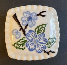 Ceramic trinket box with lid, White box with painted lid, Blue flowers on branch