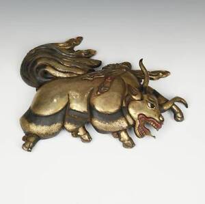 ANTIQUE PLAQUE (LEFT) YAK REPOUSSE GILDED COPPER WITH PAINT NEPAL LATE 19TH C.