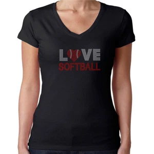 Womens T-Shirt Rhinestone Bling Black Fitted Tee Love Softball Red Heart Ball - Picture 1 of 7