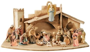 Krippe mit Krippenfiguren Leonardo Kollektion H 14cm Heilige Familie Holzfiguren - Bild 1 von 10