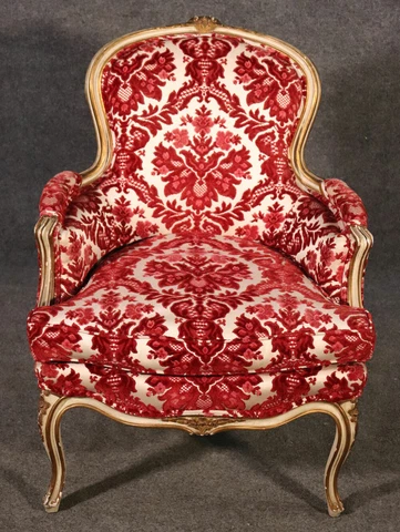 Classic French Louis XV Paint Decorated Floral Velvet Bergere Chair, Circa 1950 Cover