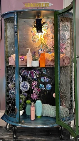 22"hand painted liquor or display cabinet with floral BACK WALL/ free STANDING Cover
