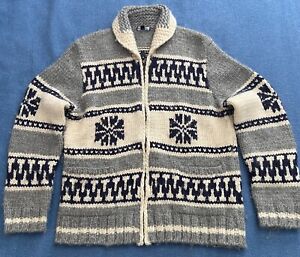 GAP Hand Knit Wool Cardigan Cowichan Navy & White Zip Sweater - Adult Large