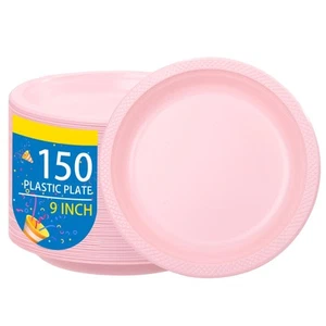Pink Plastic Plates 9 Inch -150 Count for Party, Disposable Plastic Party Pla... - Picture 1 of 8