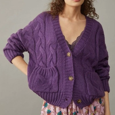 Cárdigan grueso de gran tamaño Anthropologie Consuela Callahan tejido por cable púrpura S Foto 1 de 4