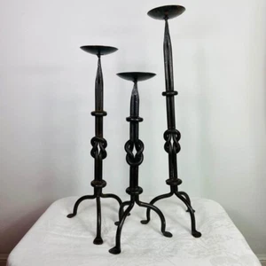 Set 3 Iron Floor Candle Holders 25” 21” 19” Rustic Knot Tall Vtg Antique ? - Picture 1 of 9