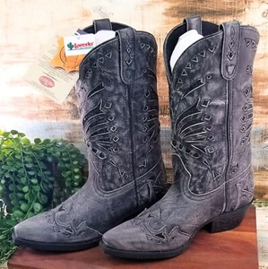 Laredo Stevie Women's Black Inlay Sequin Western Leather Boot 8M Mid Calf 52120 - Picture 1 of 12