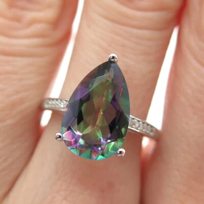 Anillo de plata de ley 925 de cuarzo místico real cortado en pera y corte redondo C Z talla 6,75 Foto 1 de 4