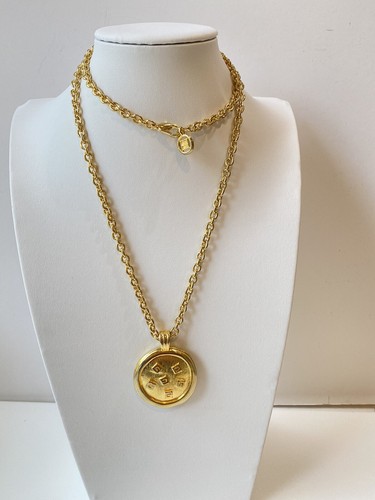 Collana reversibile con logo Givenchy G nero rotondo smalto oro 30"" vintage nuova