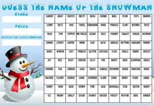 GUESS THE NAME OF SNOWMAN SCRATCHCARD CHRISTMAS FAIR FETE GAME 100 squares teddy - Picture 1 of 1