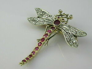 3.00 CT Simulated Ruby/Diamond Old Mine Dragonfly Brooch 925 Silver Gold Plated
