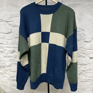 VINTAGE Structure Knit Color Block Crewneck Sweater Mens Large Ramie Cotton - Picture 1 of 6