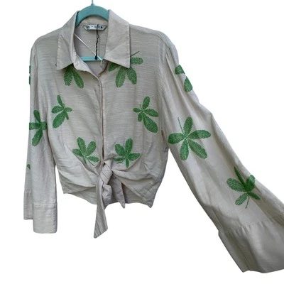 Zara Shirt Womens Size Small Beige Leaf Beaded Boho Hippie Festival Blouse Top - Image 1 of 4
