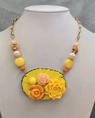 Large Jumbo Yellow Orange Flower Theme Lucite Statement Pendant Bib Necklace - Image 1 of 4