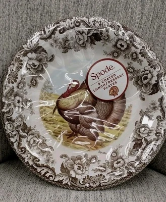 Spode THANKSGIVING WOODLAND TURKEY LUNCH DESSERT PLATES  paper NEW set 8 - Image 1 of 3