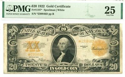 ¡Billete estrella certificado oro de $20 de 1922!  Fr#1187* -PMG VF25- ¡solo 28 más fino! Foto 1 de 4