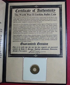NEPAL - WORLD WAR 2 GURKHA BULLET COIN IN MINI ALBUM WITH HISTORY & COA - Picture 1 of 4