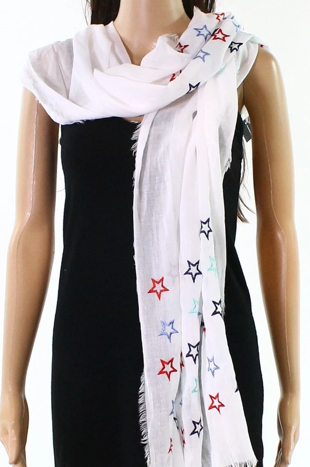 Inc International Concepts White 20x72 Scarf Wrap W/embriodered Stars