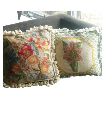 18" Handmade Floral Wool Decorative Needlepoint 2 Pillows French Aubusson Design - Image 1 of 4