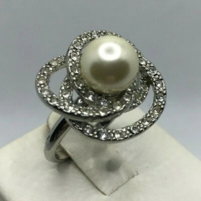 银色透明水晶水钻人造珍珠声明戒指 签名 NRT 尺寸 8 — 第 1/4 张图片