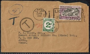 Gold Coast 1959 Fälliger Brief mit SG D15 2d Fällig & 3 Steuernotationen & Nigeria 3d Briefmarke - Bild 1 von 3