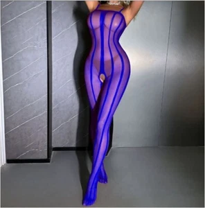 Silk Catsuit Dessous Sexy Erotik. Gr.: 36-42 Strapsoptik Blau gestreift - Bild 1 von 3