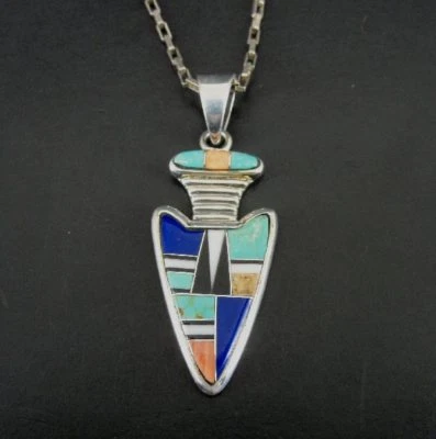 Earrings Sterling Arrowhead shape Multi Color Stone Inlays Silver 925  Pendant - Image 1 of 4