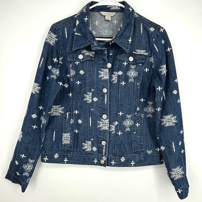 Laura Ashley 女式小号牛仔裤夹克深蓝色白色刺绣长袖 — 第 1/4 张图片