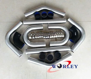 2.5" 64mm Aluminum Universal Intercooler Turbo Piping pipe Kit + Black hose kits - Bild 1 von 8