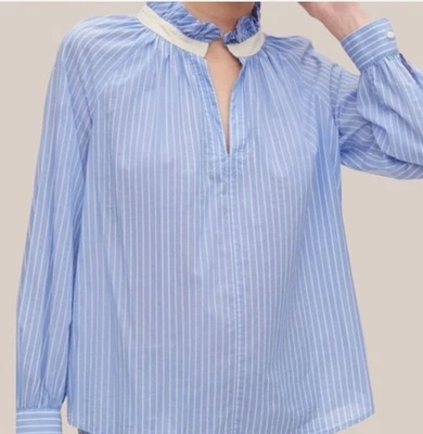 Новый с Ярлыками GAP женщин оборкой шеи верхний синий полоски поповер рубашка, средний высокий MT - Изображение 1 из 4